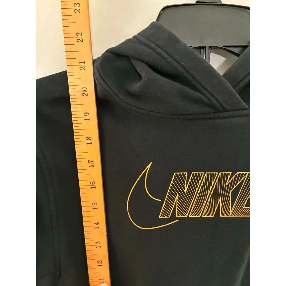 Nike Womens Large Black Pullover Hoodie Gold Swoosh Logo Fleece Lined Athletic